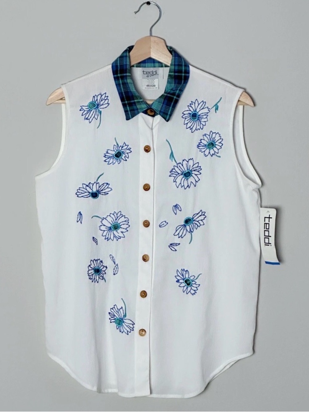 90’s Teddi Blue and Teal Floral Embroidery Plaid Collar Button-Up Tank top
